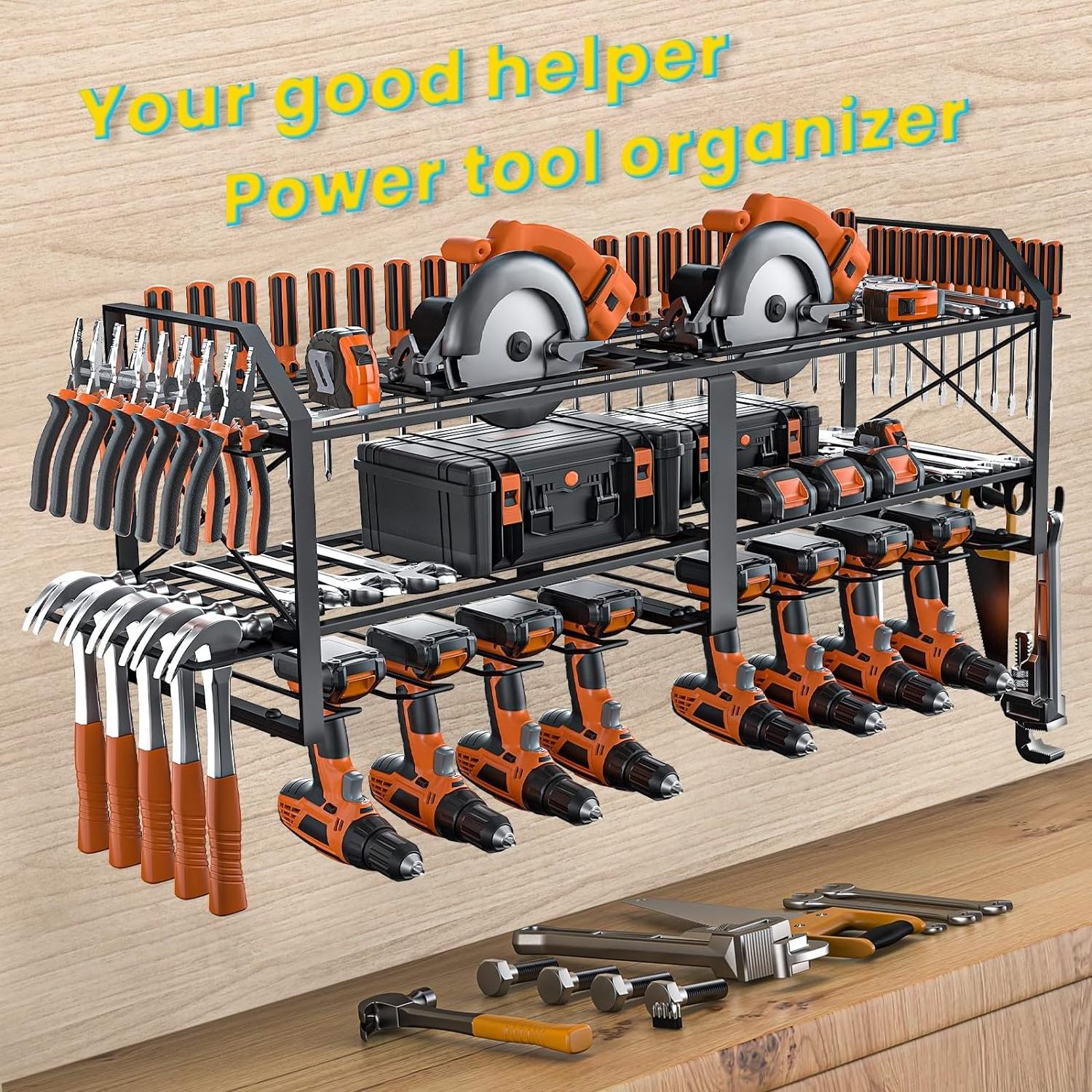 JH-Mech Tool Shelf with Battery Holder Handheld Storage Rack Heavy Duty Metal Power Tool Organizer Drill Holder Wall Mount