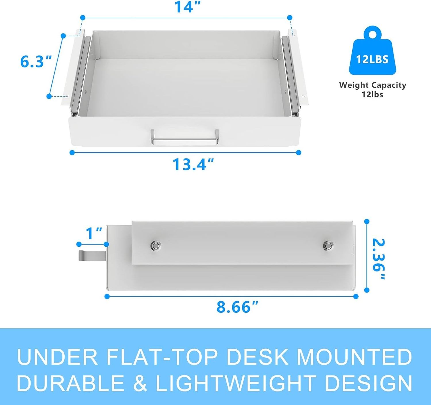 JH-Mech Hidden Desktop Storage  Drawer Easy Slide-Out White Durable Metal Under Desk Storage Drawer