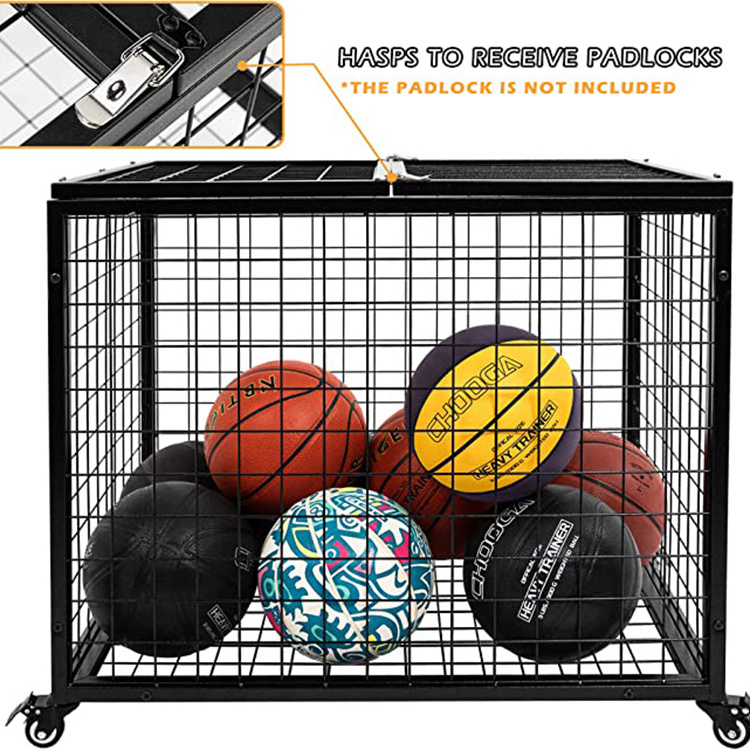 JH-Mech Secure Ball Locker with Wheels Easy to Move and Heavy-Duty Powder-Coated Steel Tubing and Wire Mesh Ball Rack