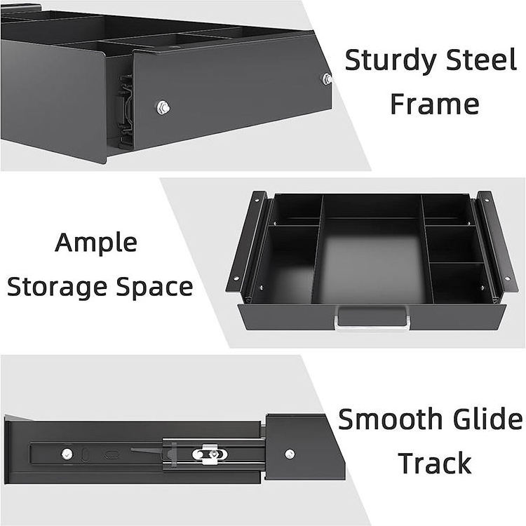 JH-Mech Hidden Under Desk Drawer Simple Slide Out With Divider Design Bold Solid Iron Underdesk Tray Under Desk Drawer