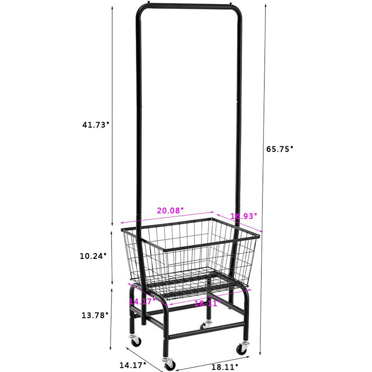 JH-Mech Rolling Laundry Basket Cart with Wire Storage Rack and Hanging Commercial Metal Rack Rolling Laundry Cart