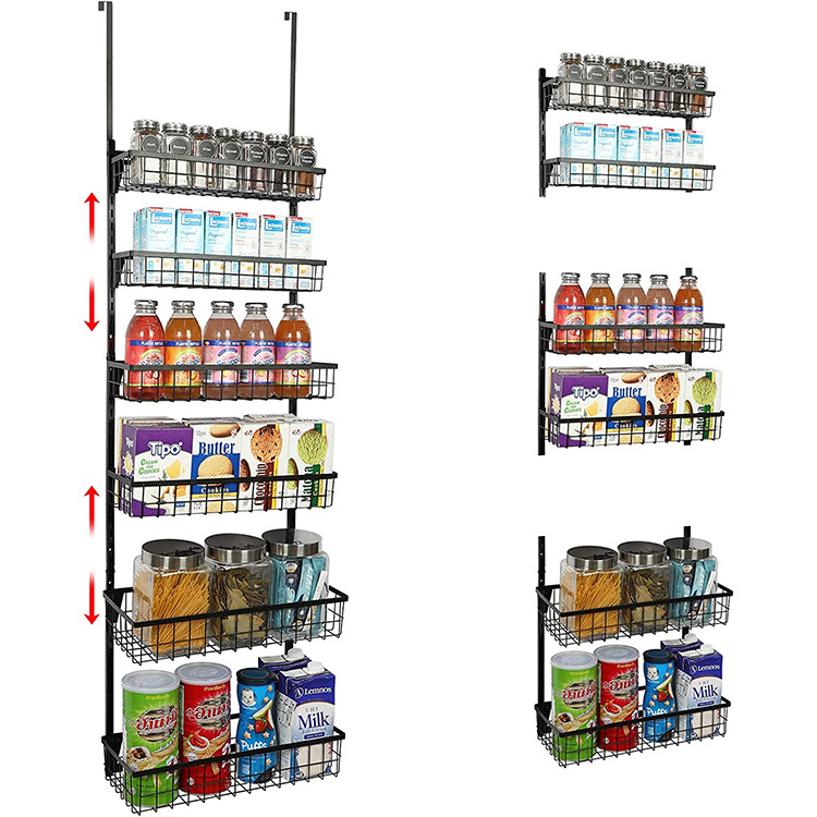 JH-Mech 6-Tier Height Adjustable Hanging Wire Basket with Hooks Wall Mount Metal Over the Door Pantry Organizer for Kitchen