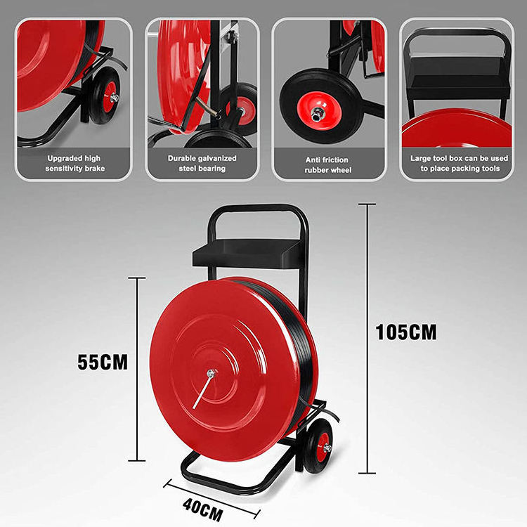 JH-Mech Reel Dispenser Strapping 500mm with Large Storage Tray Metal Strapping Cart for Cord PP PET