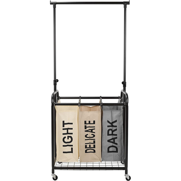 JH-Mech Rolling Laundry Sorter with Adjustable Hanging Bar 3-Bag Metal Steel Laundry Hampers Trolley Cart with Wheels