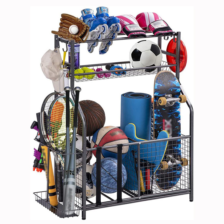 JH-Mech Sports Ball Gear Rack Garage Sports Equipment Storage Organizer with Baskets and Hooks Sport Equipment Storage Rack