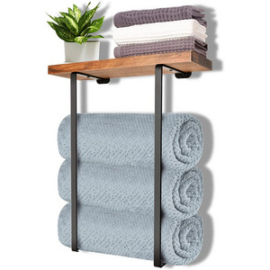 JH-Mech Black Minimalist Design Big Capacity Metal Towel Holders with Wooden Shelf Wall Mounted Bathroom Towel Rack