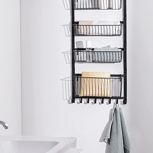 JH-Mech Hanging Spice Rack with 4 Basket Shelves and Hooks Wire Metal Kitchen Storage Over the Door Pantry Organizer