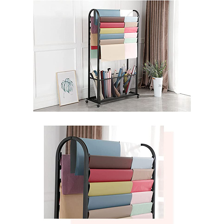 JH-Mech Ribbon Storage Rack with Universal Wheel and Storage Basket Double-Sided Metal Freestanding Wrapping Paper Display Shelf