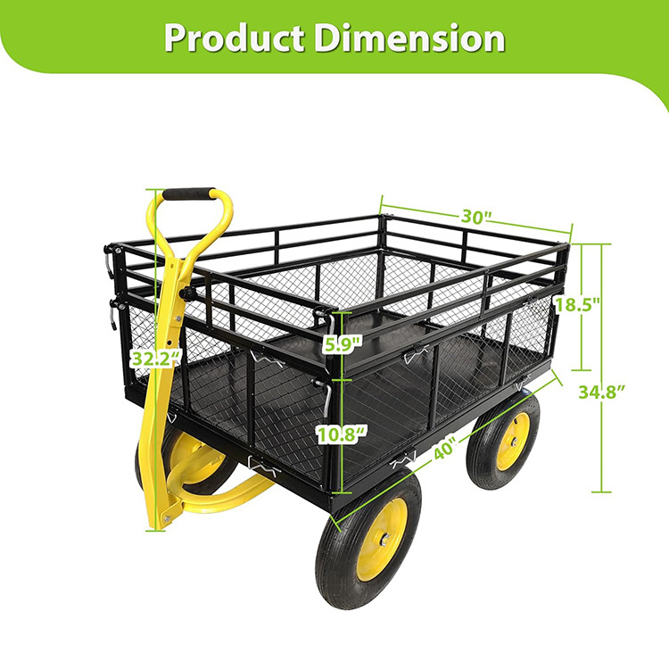 JH-Mech Garden Cart with Removable Mesh Sides to Convert into Flatbed Heavy Duty 1400 lbs Capacity Garden Mesh Cart