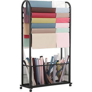 JH-Mech Ribbon Storage Rack with Universal Wheel and Storage Basket Double-Sided Metal Freestanding Wrapping Paper Display Shelf