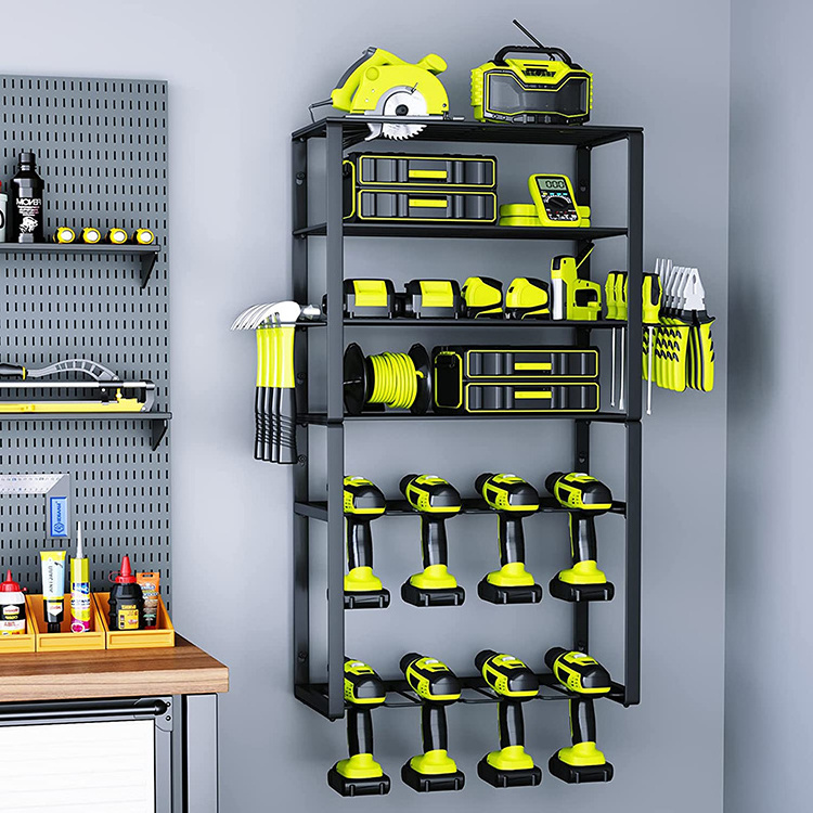 JH-Mech Large Utility Tool Shelf 8 Drill Holder Wall Mount 6 Layer Heavy Duty Metal Power Tool Organizer and Storage Rack