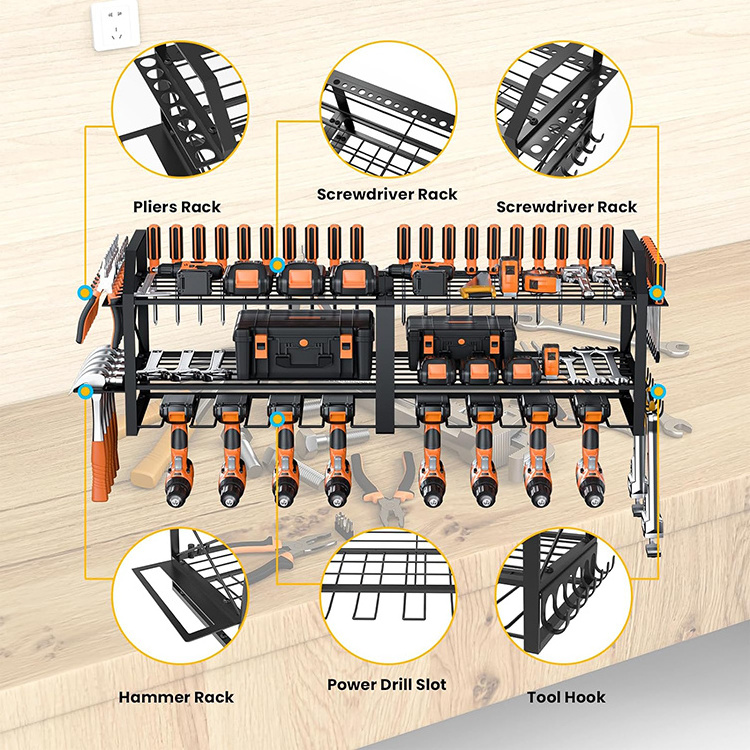 JH-Mech Tool Shelf with Battery Holder Handheld Storage Rack Heavy Duty Metal Power Tool Organizer Drill Holder Wall Mount