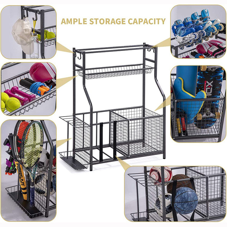 JH-Mech Sports Ball Gear Rack Garage Sports Equipment Storage Organizer with Baskets and Hooks Sport Equipment Storage Rack