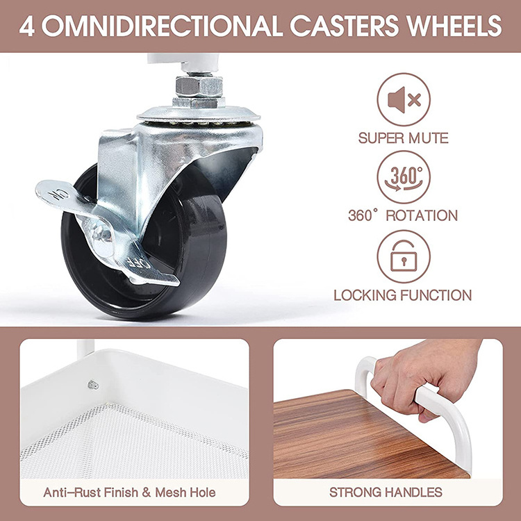 JH-Mech Saving Space 3-Tier Utility Rolling Cart with Handle Wooden Board and Drawer Locking Wheels Metal Storage Rolling Cart