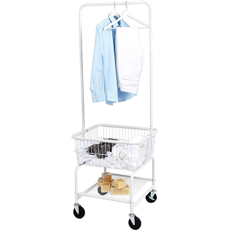 JH-Mech Laundry Basket Butler Cart with Wheels and Hanging Rack Durable Metal Powder Coated Rolling Laundry Cart