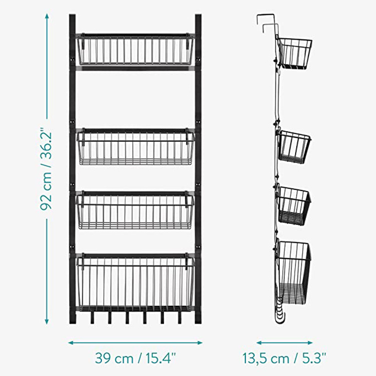 JH-Mech Hanging Spice Rack with 4 Basket Shelves and Hooks Wire Metal Kitchen Storage Over the Door Pantry Organizer