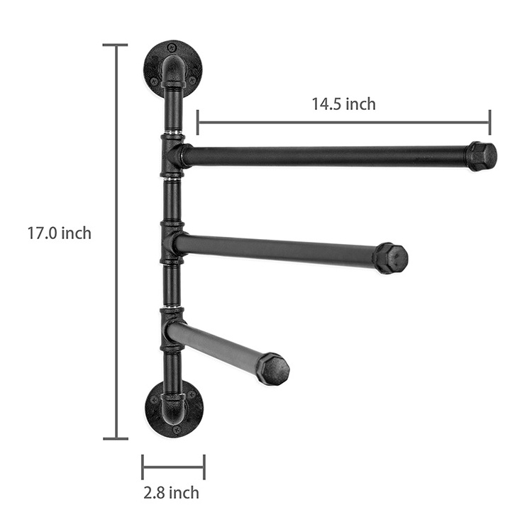 JH-Mech Wall Painted Design 3-Arm Swivel Bathroom Rack Mounted Black Metal Industrial Pipe Towel Bar Rack