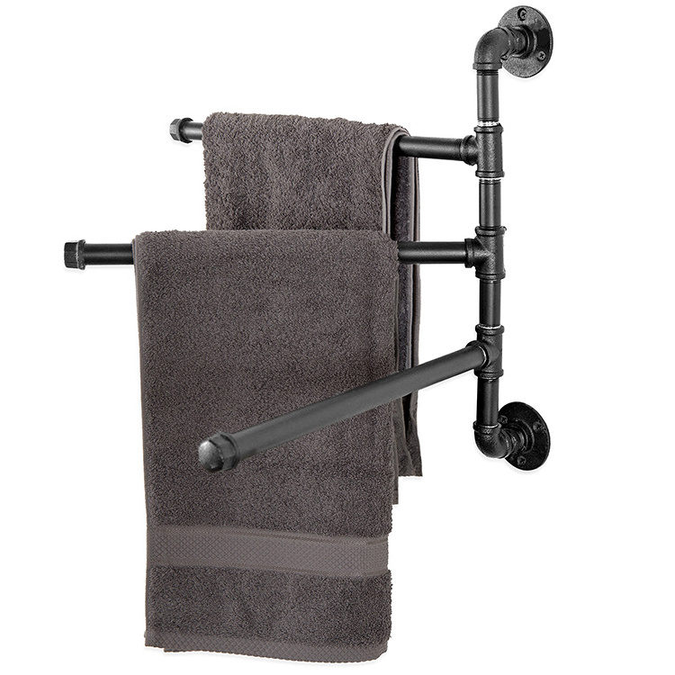 JH-Mech Wall Painted Design 3-Arm Swivel Bathroom Rack Mounted Black Metal Industrial Pipe Towel Bar Rack