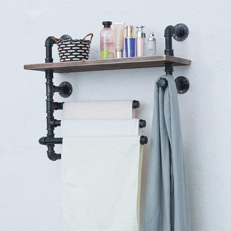 JH-Mech Wall Painted Design 3-Arm Swivel Bathroom Rack Mounted Black Metal Industrial Pipe Towel Bar Rack