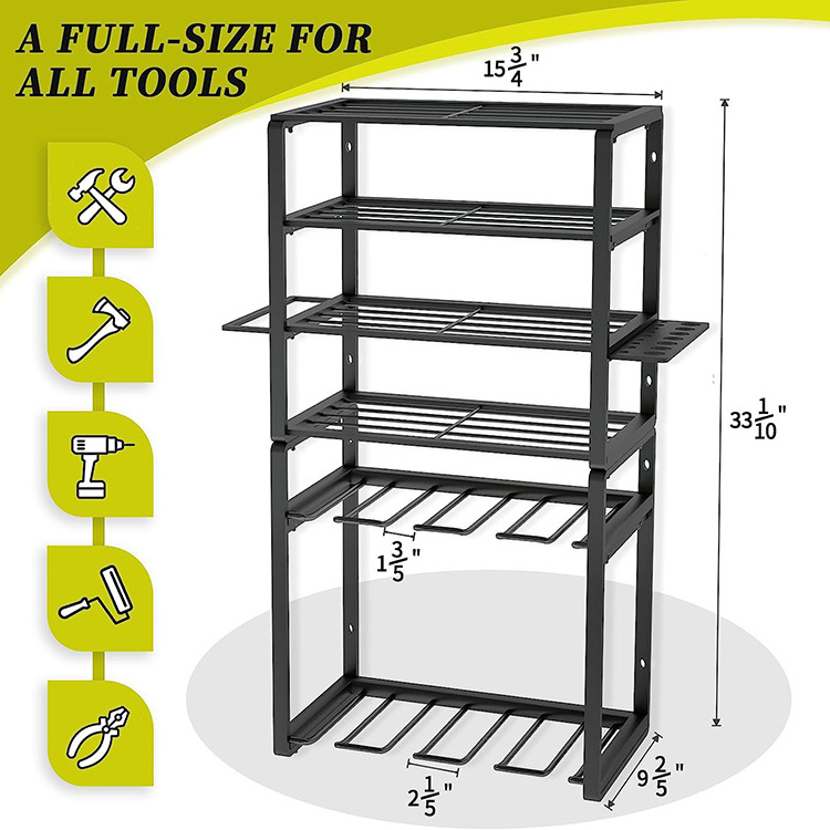 JH-Mech Large Utility Tool Shelf 8 Drill Holder Wall Mount 6 Layer Heavy Duty Metal Power Tool Organizer and Storage Rack