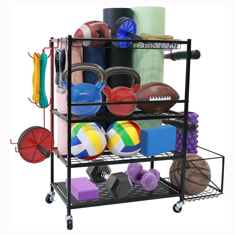 JH-Mech Yoga Mat and Other Sports Equipment Storage with Hooks and Basket Large Capacity Durable Metal Ball Storage Rack