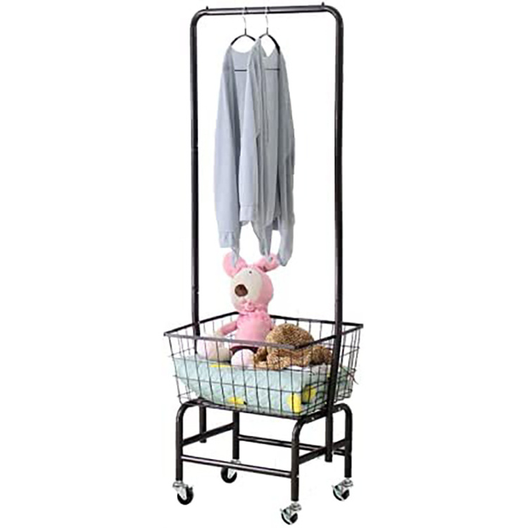 JH-Mech Rolling Laundry Basket Cart with Wire Storage Rack and Hanging Commercial Metal Rack Rolling Laundry Cart