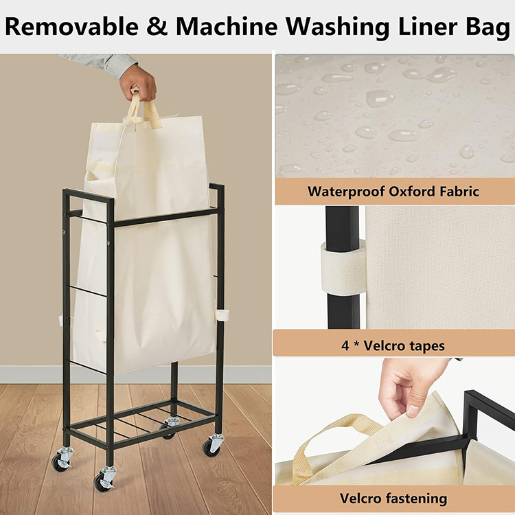 JH-Mech Laundry Hamper with Wheels and Slim Removable Oxford Liner Bag 66L Narrow Sturdy Metal Frame Laundry Sorter Rolling Cart