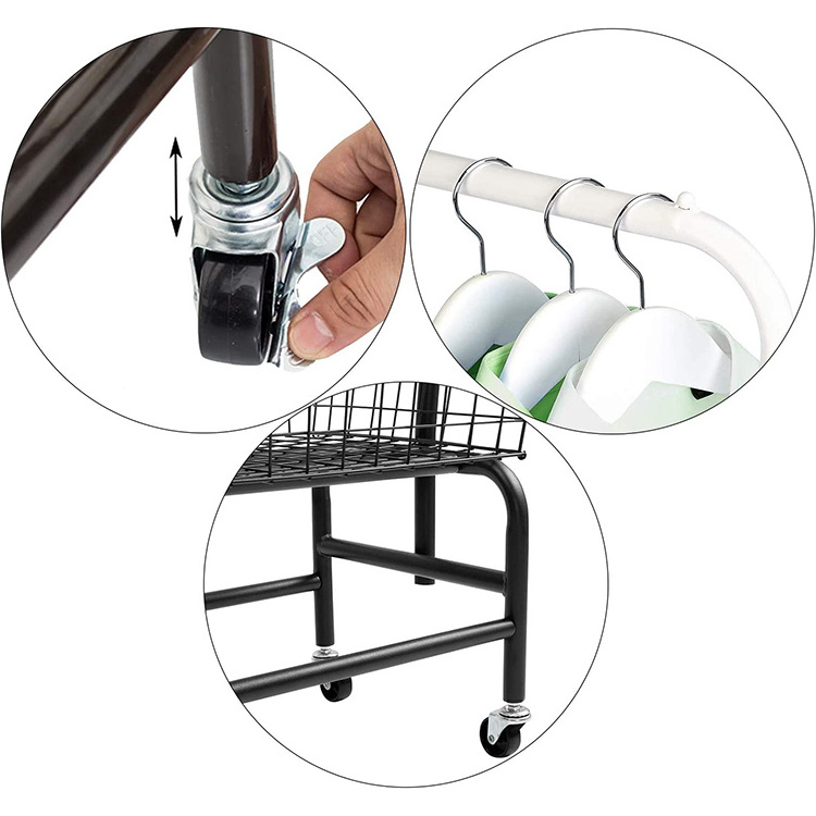 JH-Mech Rolling Laundry Basket Cart with Wire Storage Rack and Hanging Commercial Metal Rack Rolling Laundry Cart