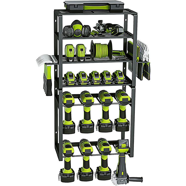 JH-Mech Large Utility Tool Shelf 8 Drill Holder Wall Mount 6 Layer Heavy Duty Metal Power Tool Organizer and Storage Rack