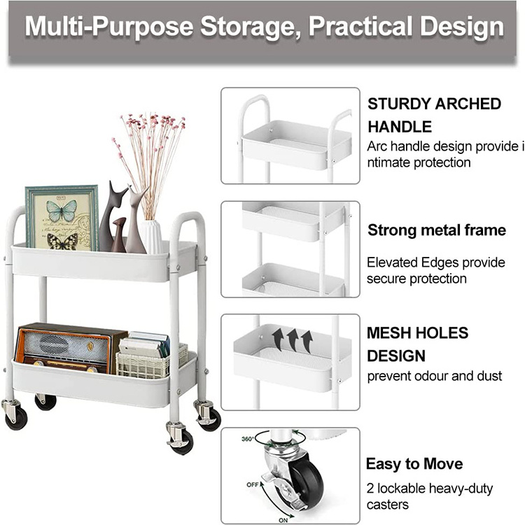 JH-Mech Rolling Cart Storage All-Metal Rolling Cart  with Handle and Locking Wheels 2Tiers File Metal Rolling Storage Cart