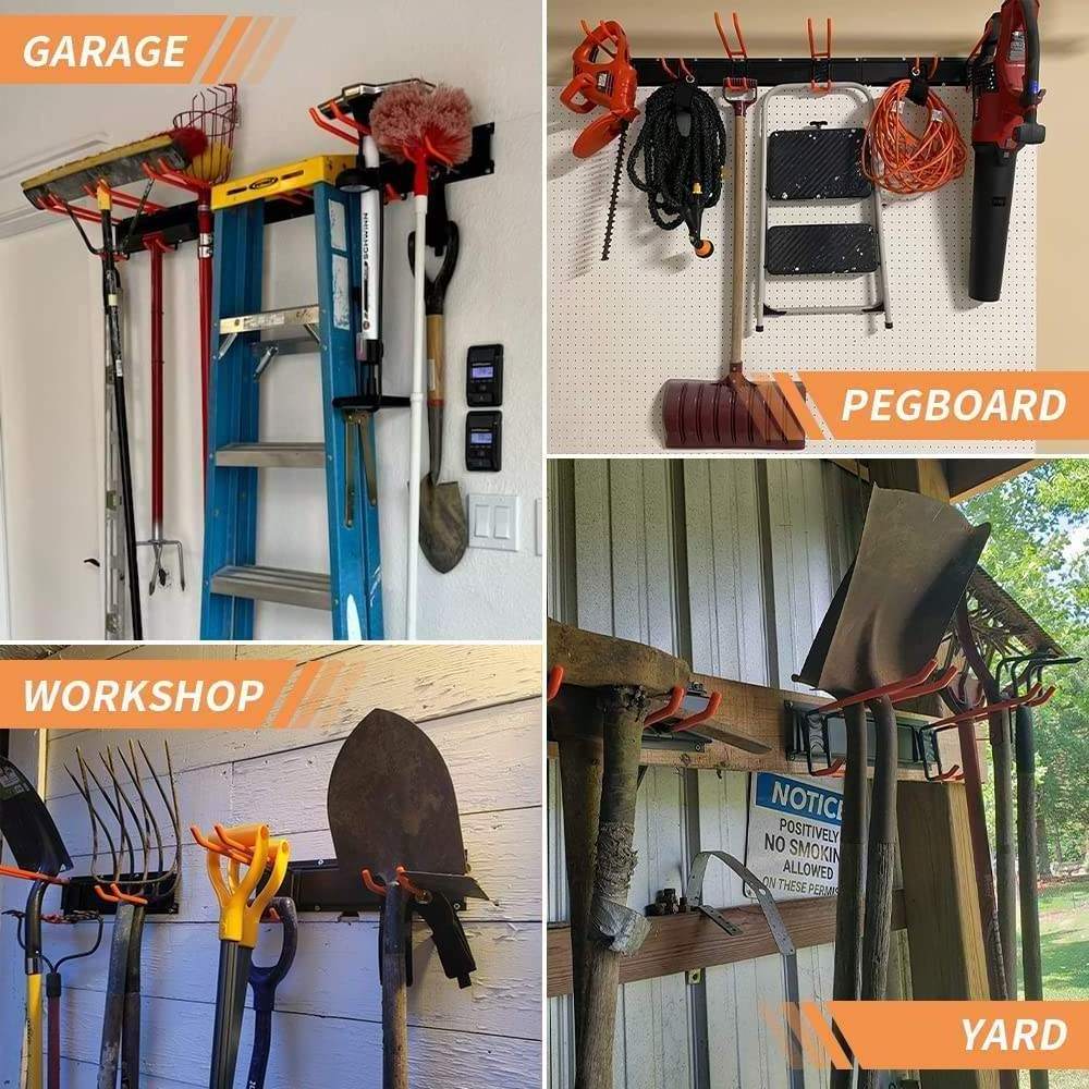 JH-Mech 48 Inch 3 Rails Lawn Tool Storage With 6pcs Heavy Duty Steel Hooks Wall Mounted Garage Tool Organizer