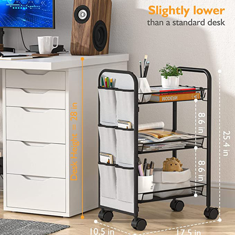 JH-Mech Utility Cart with Storage Bag Multifunction Metal Mesh Wire Organizer 3 Tiers File Metal Rolling Storage Cart