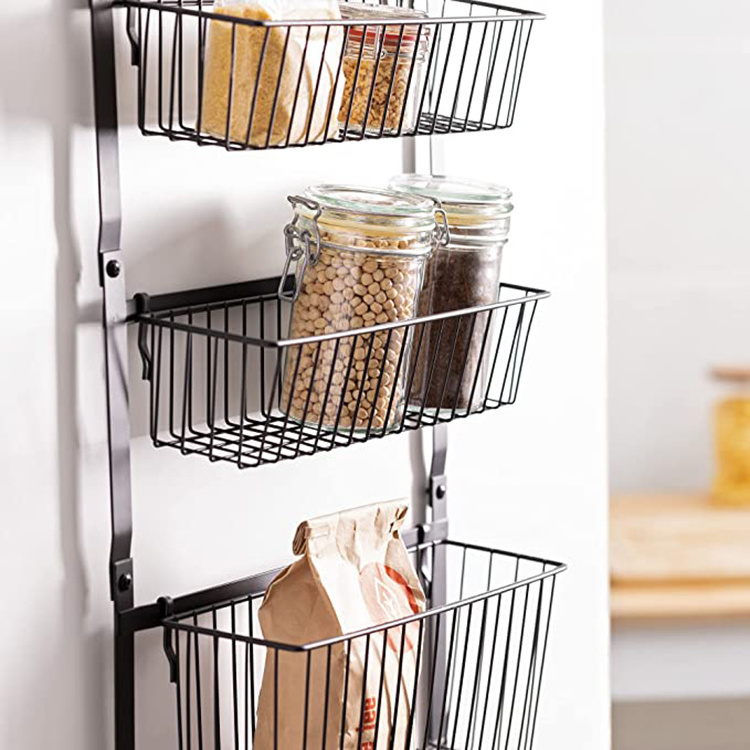 JH-Mech Hanging Spice Rack with 4 Basket Shelves and Hooks Wire Metal Kitchen Storage Over the Door Pantry Organizer