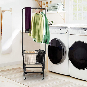 JH-Mech Rolling Laundry Basket Cart with Wire Storage Rack and Hanging Commercial Metal Rack Rolling Laundry Cart