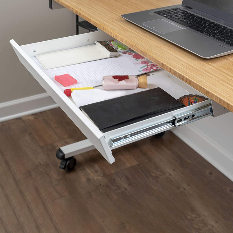 JH-Mech Stand Up Office Sliding Back Clearance Beneath Desks and Tables White Metal Under Desk Drawer