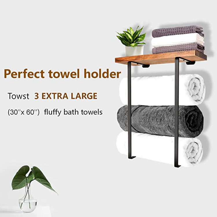 JH-Mech Black Minimalist Design Big Capacity Metal Towel Holders with Wooden Shelf Wall Mounted Bathroom Towel Rack