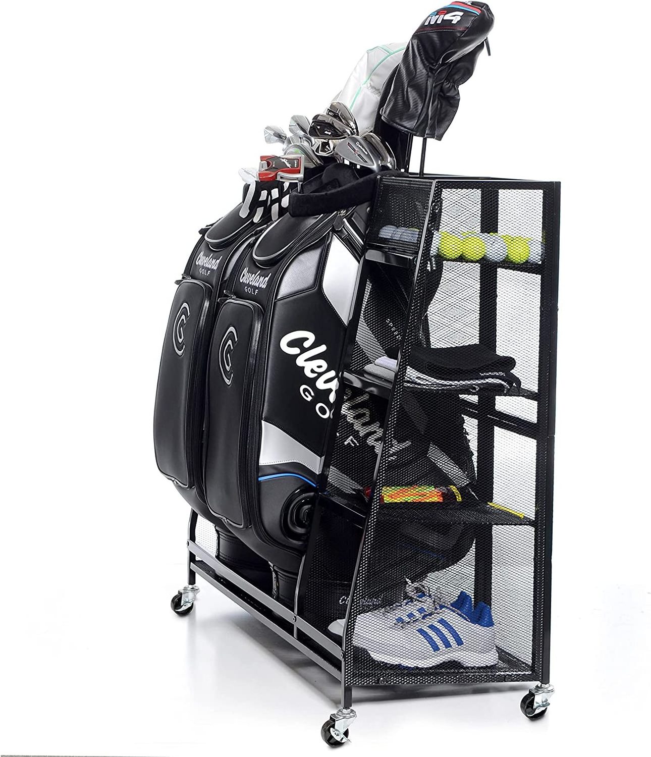 JH-Mech Golf Rack with 3 open shelves Maximum Durability wheel for Golfing Equipment and Accessories Metal Golf Bag Storage Rack