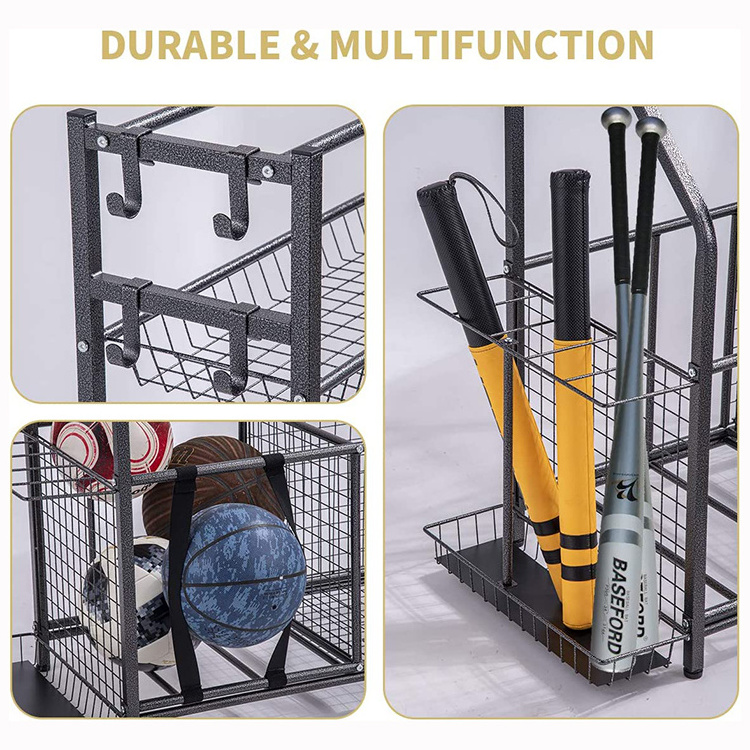 JH-Mech Sports Ball Gear Rack Garage Sports Equipment Storage Organizer with Baskets and Hooks Sport Equipment Storage Rack