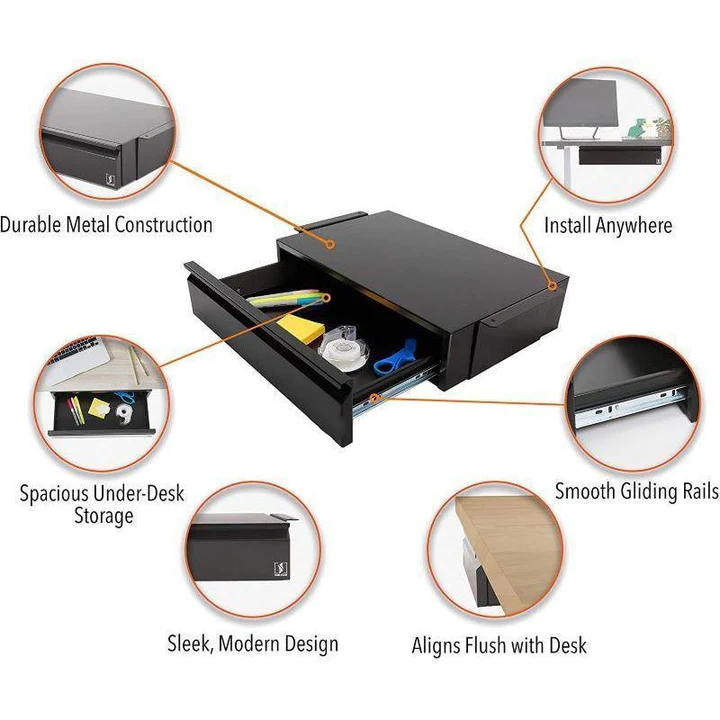 JH-Mech Hidden Desktop Storage  Drawer Easy Slide-Out White Durable Metal Under Desk Storage Drawer