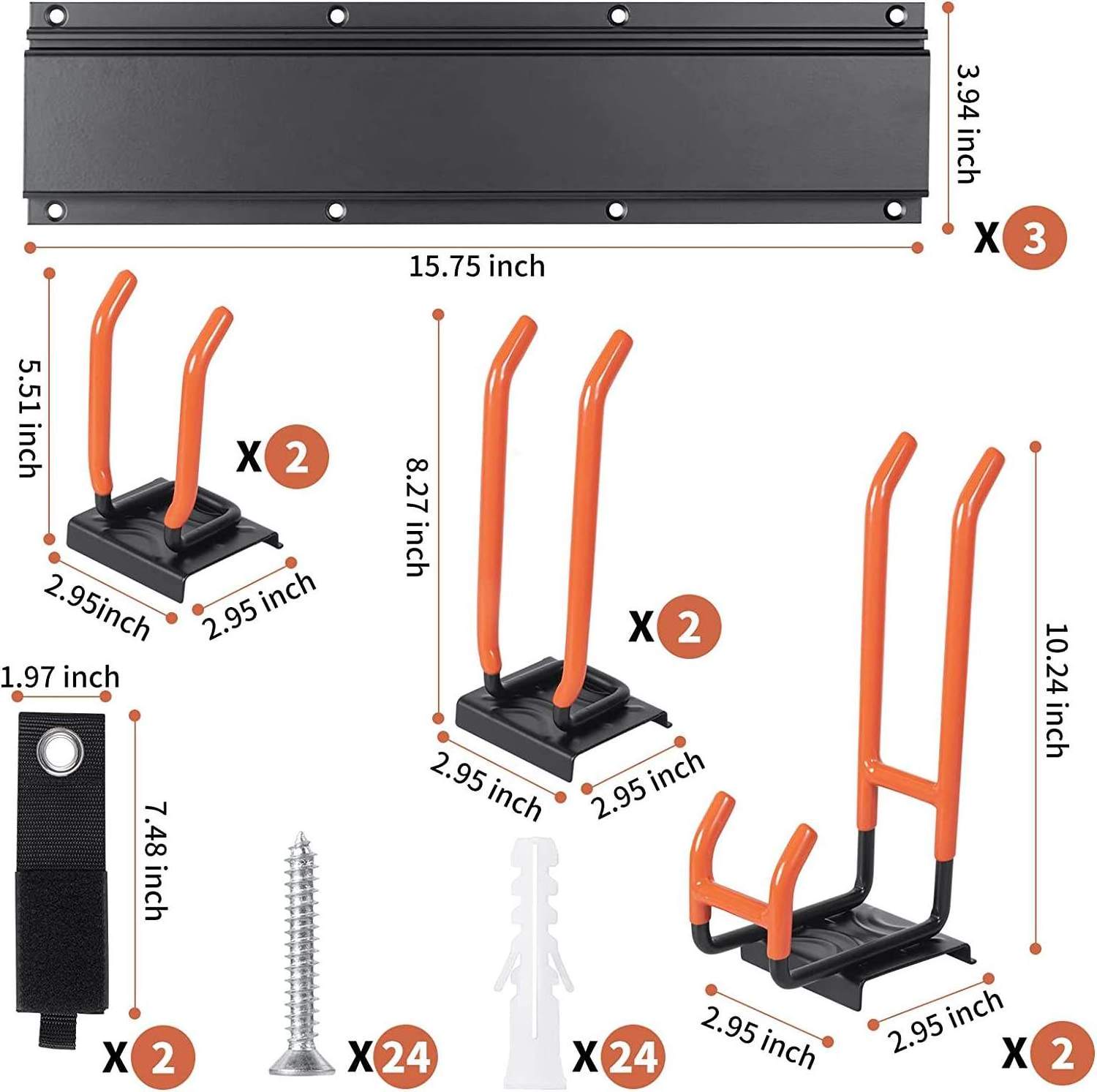 JH-Mech 48 Inch 3 Rails Lawn Tool Storage With 6pcs Heavy Duty Steel Hooks Wall Mounted Garage Tool Organizer