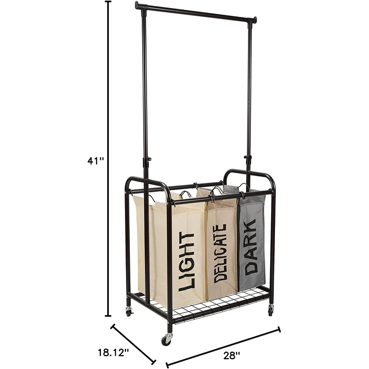 JH-Mech Rolling Laundry Sorter with Adjustable Hanging Bar 3-Bag Metal Steel Laundry Hampers Trolley Cart with Wheels