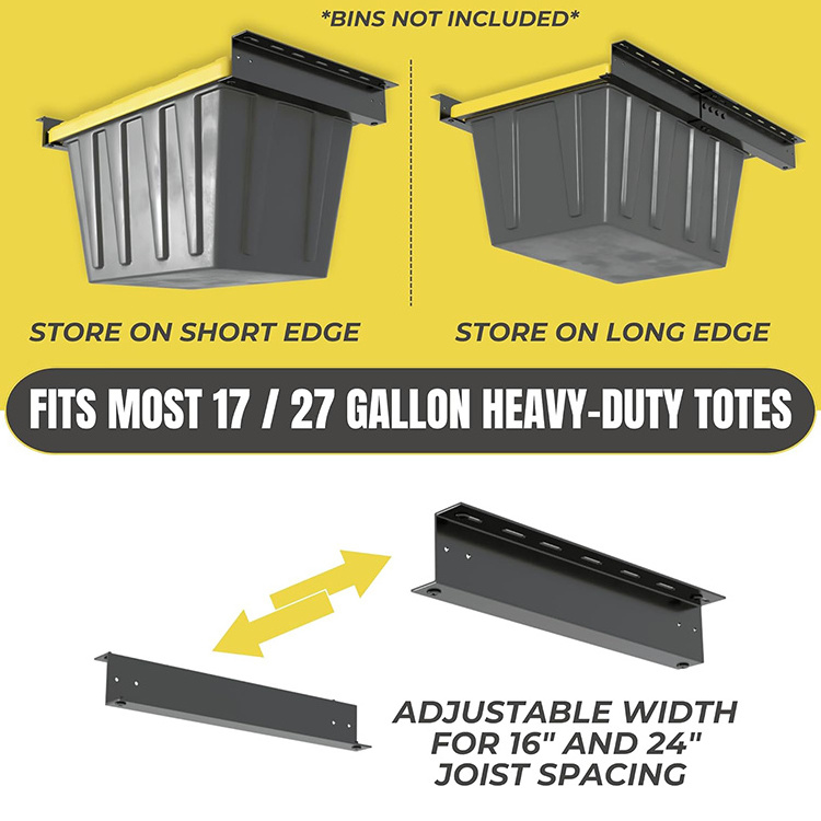 JH-Mech Garage Rack Tote Bin Organization 2 Containers Ceiling Mount Rails Adjustable Carbon Steel Garage Ceiling Slide Rack