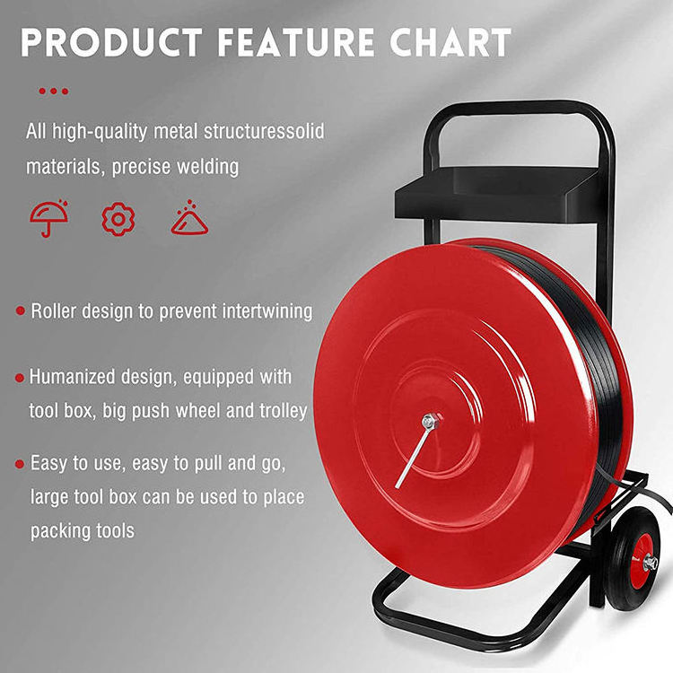 JH-Mech Reel Dispenser Strapping 500mm with Large Storage Tray Metal Strapping Cart for Cord PP PET