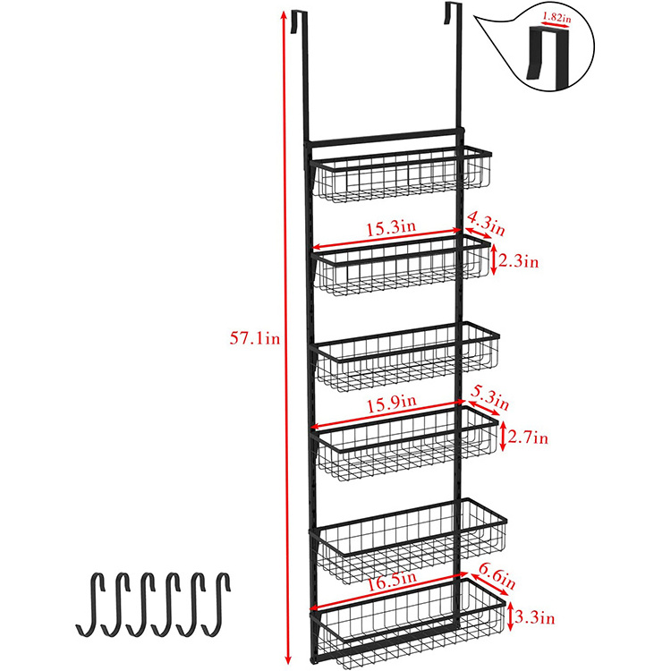 JH-Mech 6-Tier Height Adjustable Hanging Wire Basket with Hooks Wall Mount Metal Over the Door Pantry Organizer for Kitchen