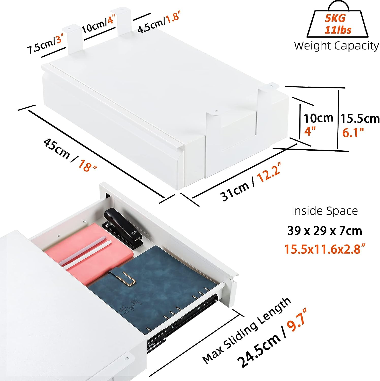 JH-Mech Underdesk Pull out Drawer Organizer Mounted Matte Black Steel Under Desk Drawer Organizer Metal for Workstation