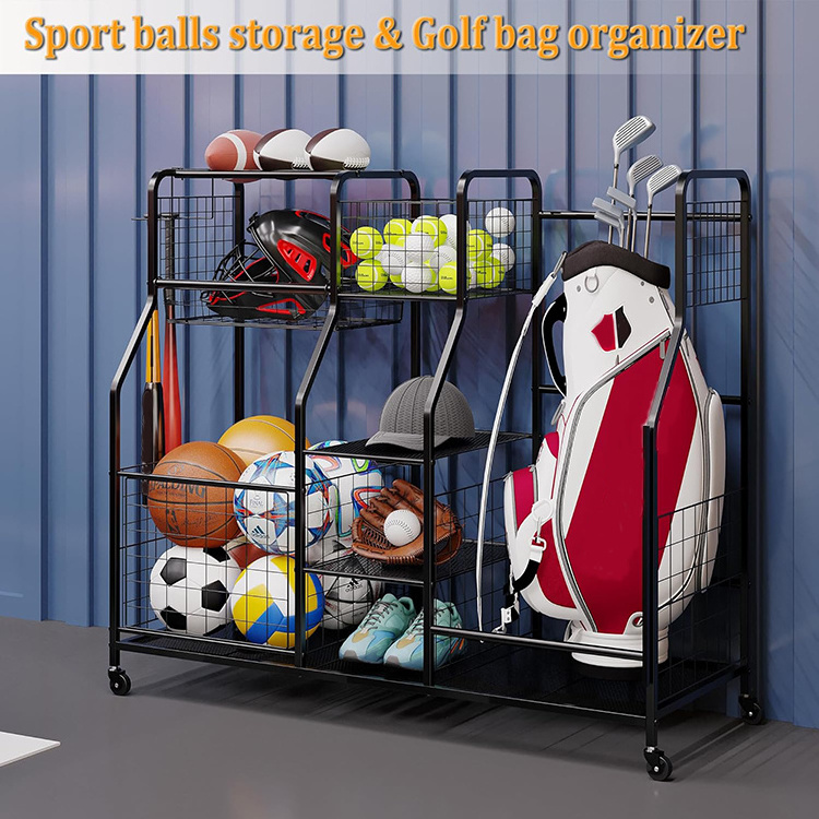 JH-Mech Garage Sports Equipment Organizer with Baskets Curved Shaped Design with Large Capacity Golf Bag Garage Storage Rack