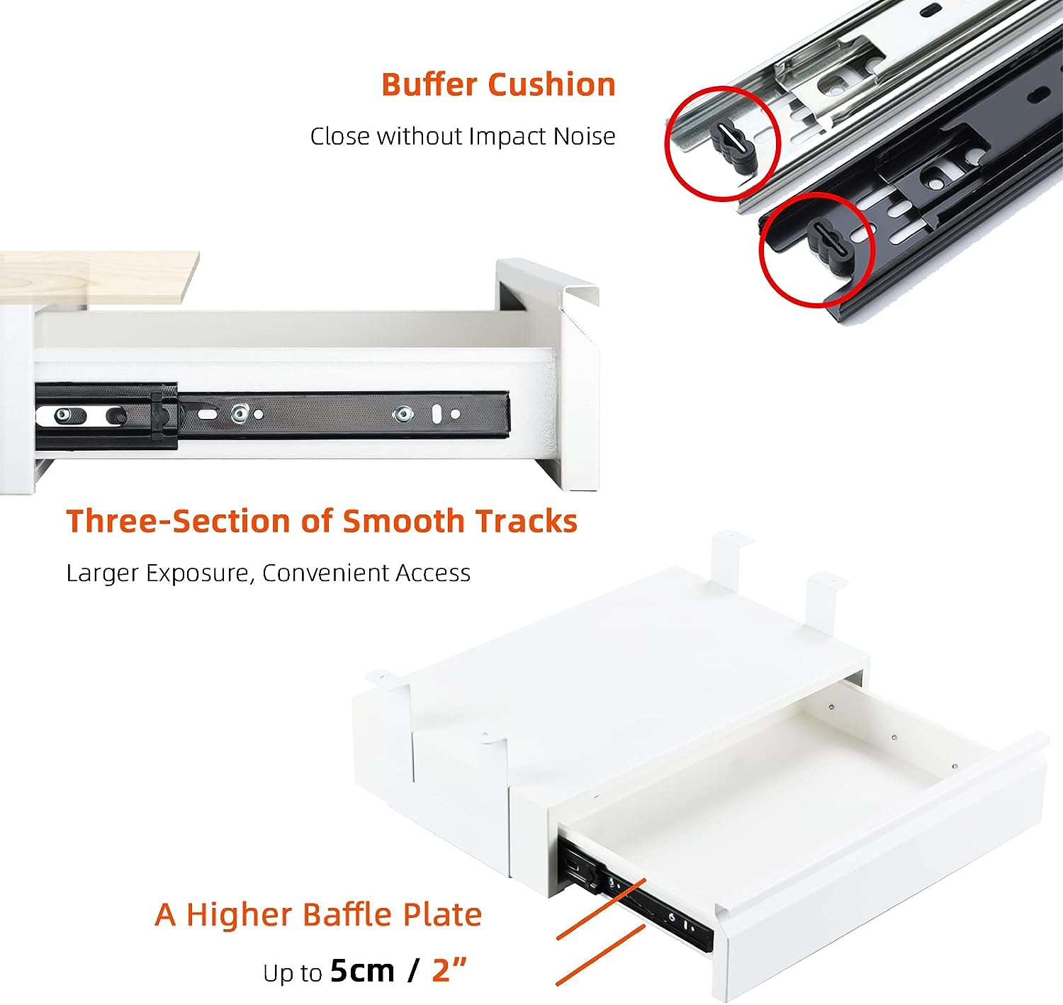 JH-Mech Hidden Desktop Storage  Drawer Easy Slide-Out White Durable Metal Under Desk Storage Drawer