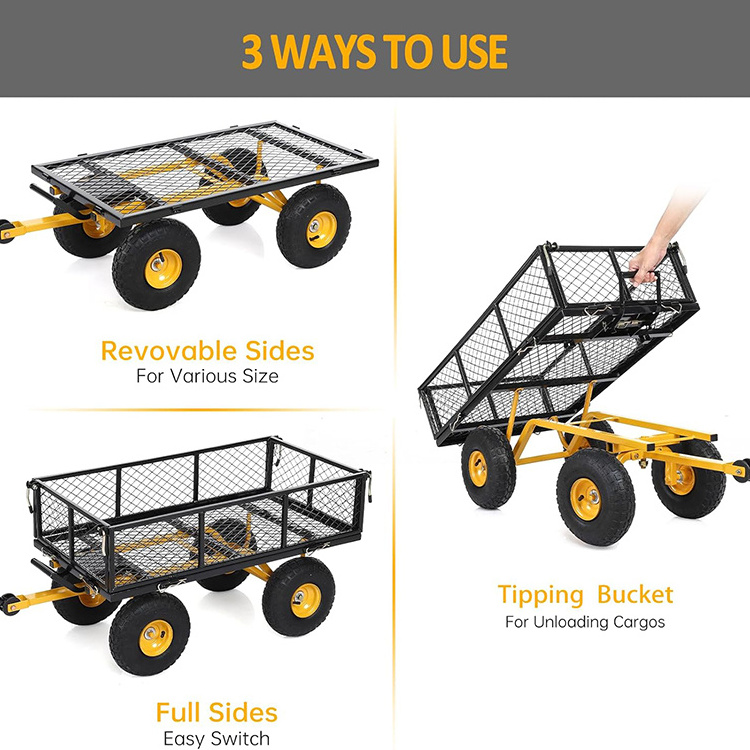 JH-Mech Garden Cart with Removable Mesh Sides and 180 Rotating Handle Steel Garden Cart Utility Wagon for Garden Farm Yard