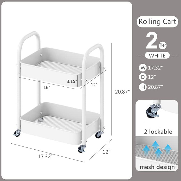 JH-Mech Rolling Cart Storage All-Metal Rolling Cart  with Handle and Locking Wheels 2Tiers File Metal Rolling Storage Cart