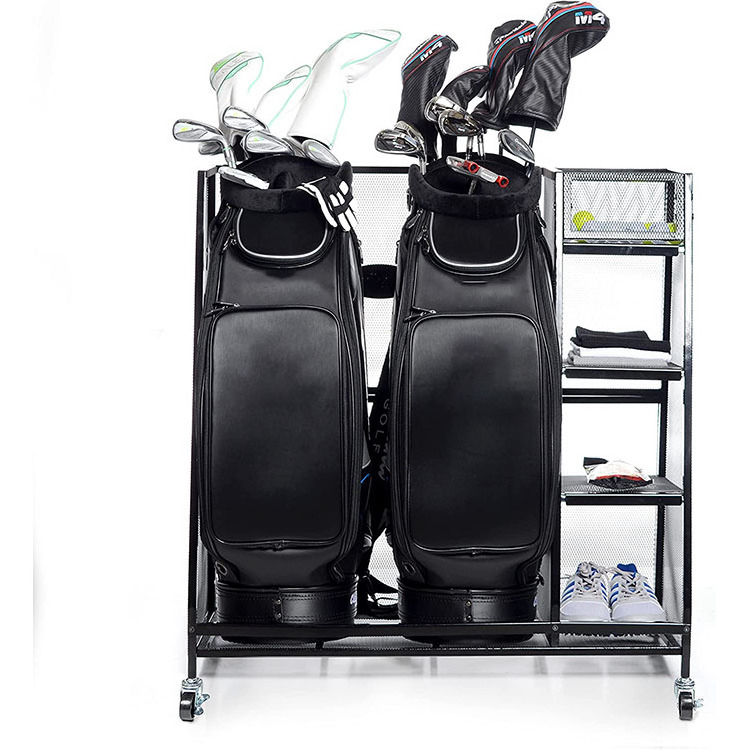 JH-Mech Golf Rack with 3 open shelves Maximum Durability wheel for Golfing Equipment and Accessories Metal Golf Bag Storage Rack